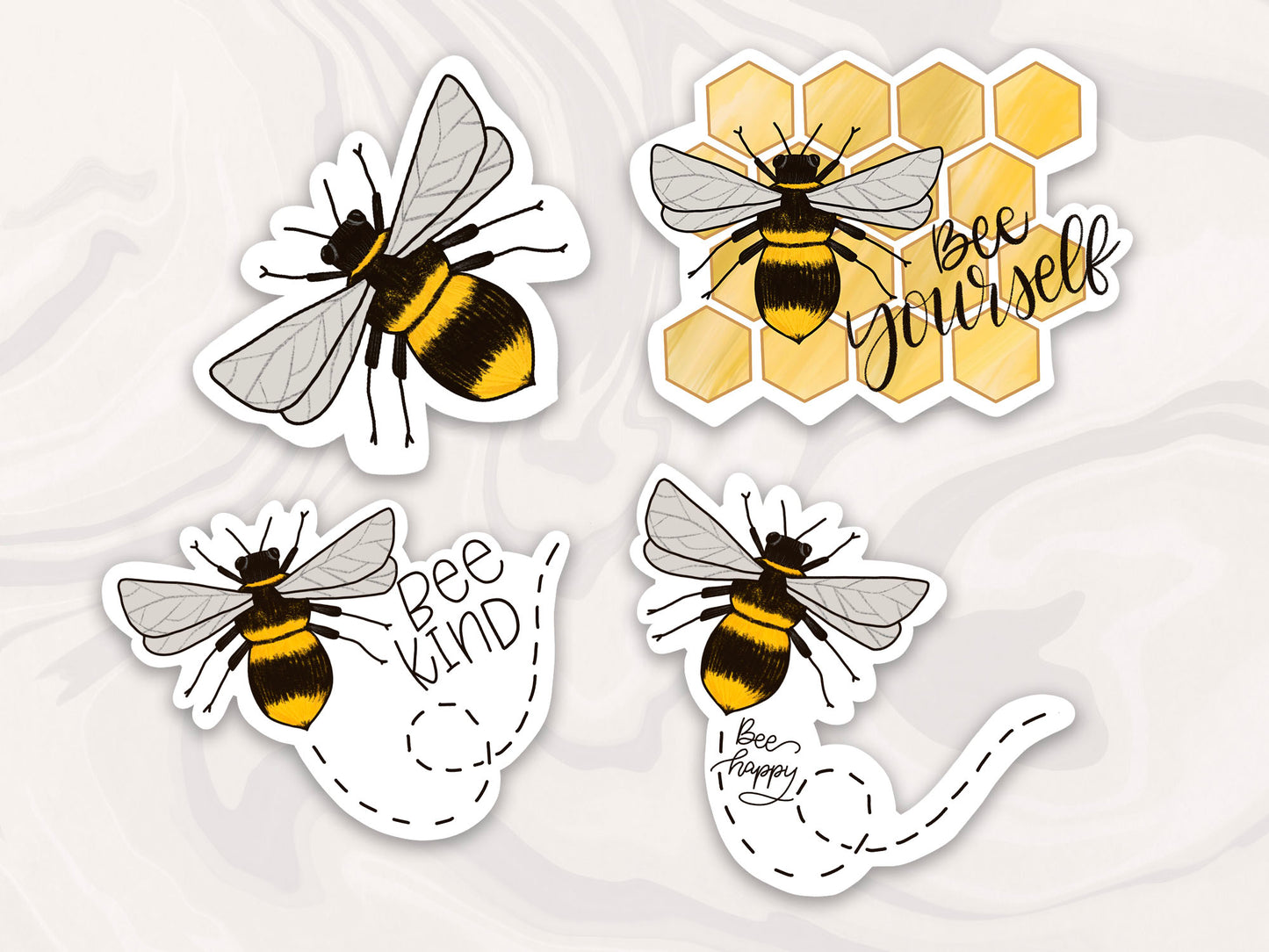 bumble bee sticker set, set of 4 bee themed stickers with positive and encouraging messages