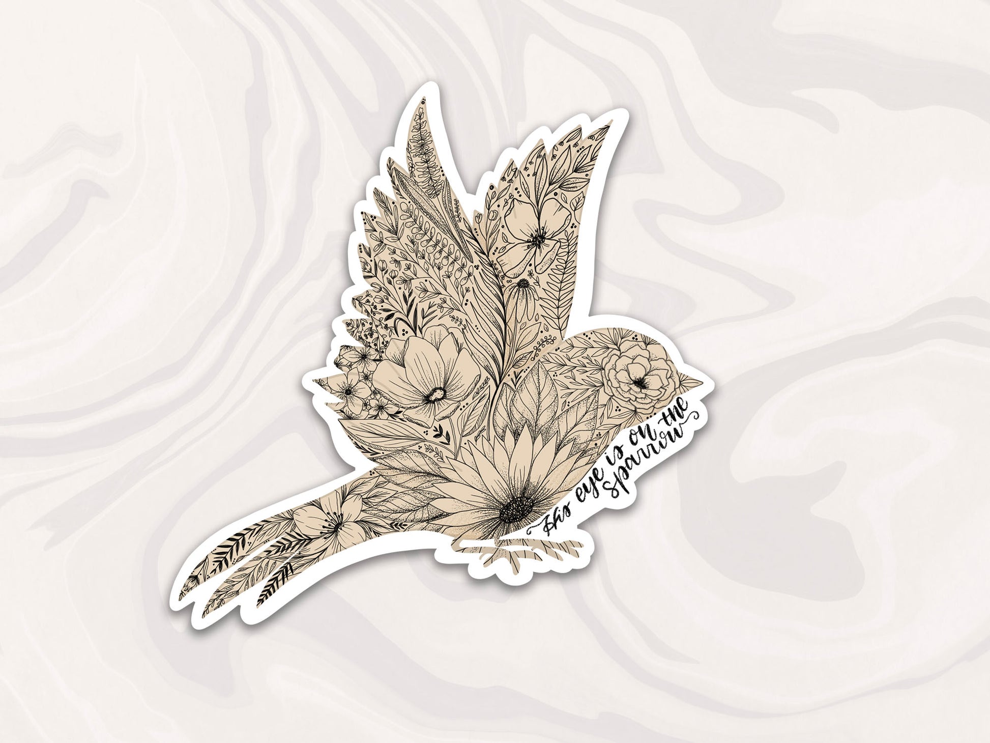flower line drawing within a sparrow bird outline sticker with His Eye is on the Sparrow text