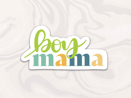 playful boy mama sticker in blues greens and yellos