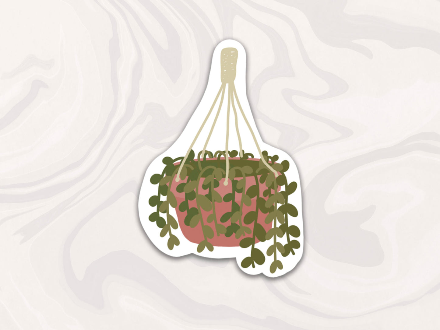 illustrated hanging plant sticker with pot in macrame, waterproof plant themed sticker