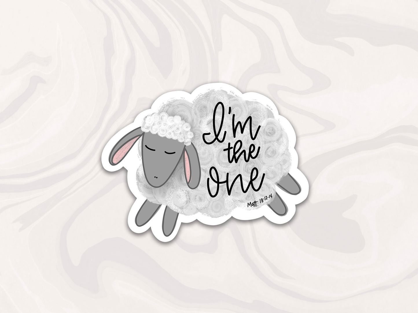 sheep sticker that says I'm the One referencing Matthew 18:12-14, Bible verse sticker