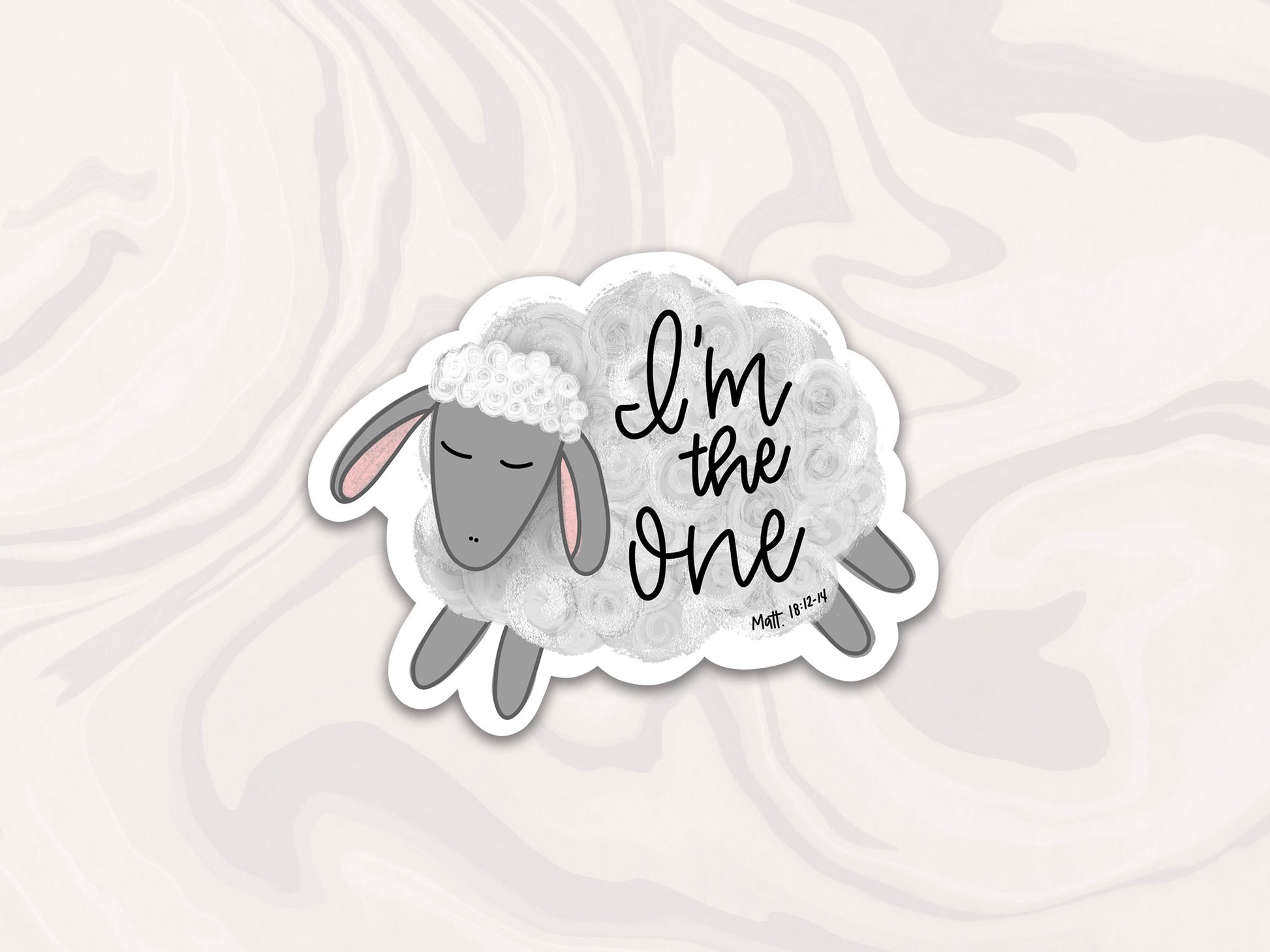 sheep sticker that says I'm the One referencing Matthew 18:12-14, Bible verse sticker