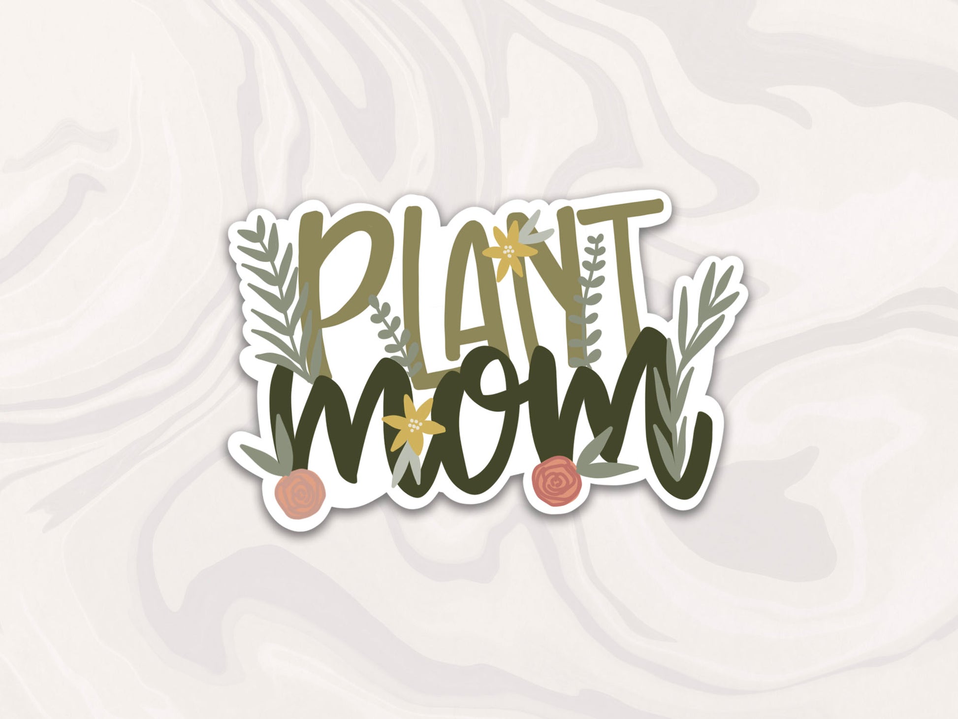 plant mom sticker with leaves and flowers, waterproof sticker that reads plant mom