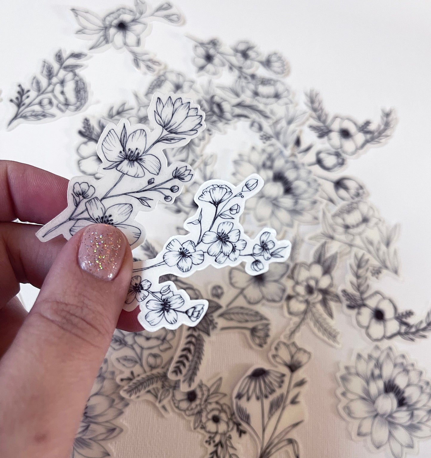 line drawing set of flower stickers with clear transparent vinyl