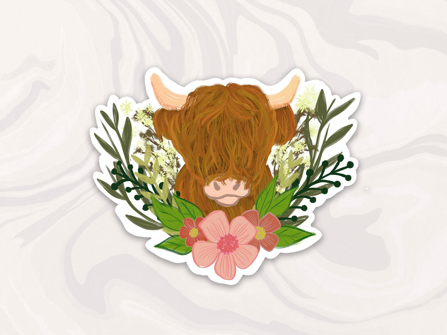 Highland Cow Flower Sticker, Highland Cow Animal Decal, Cow Gift, Cow Accessories, Gift for Cow Lover, Cool Cow Sticker, Gift